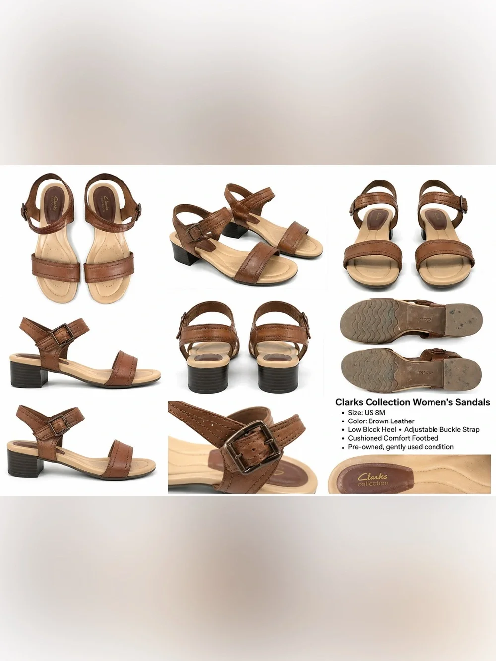 Clarks Brown Leather Block Heel Sandals with Ankle Buckle